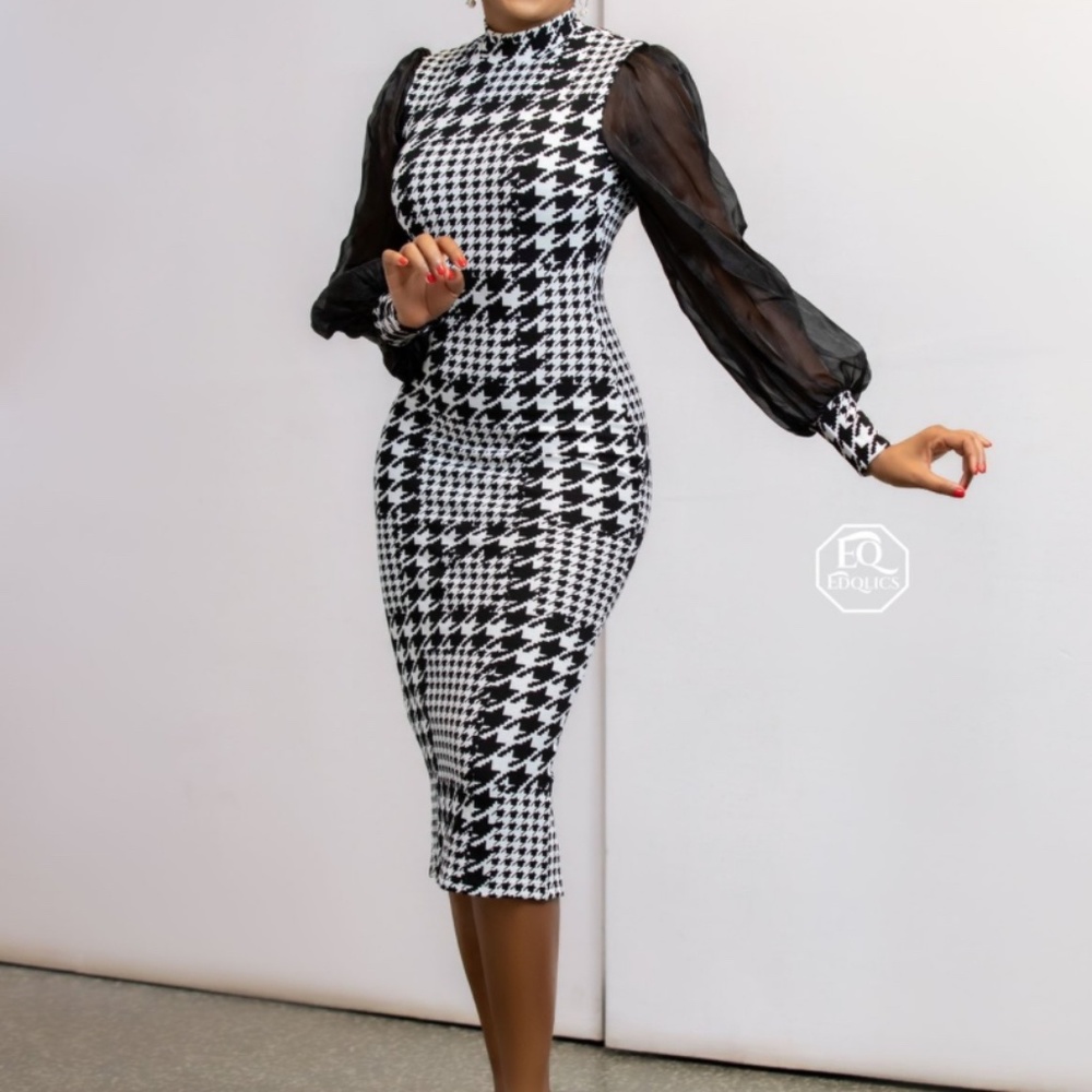 Women's Houndstooth Mesh Bishop Long Sleeve Bodycon Pencil mid